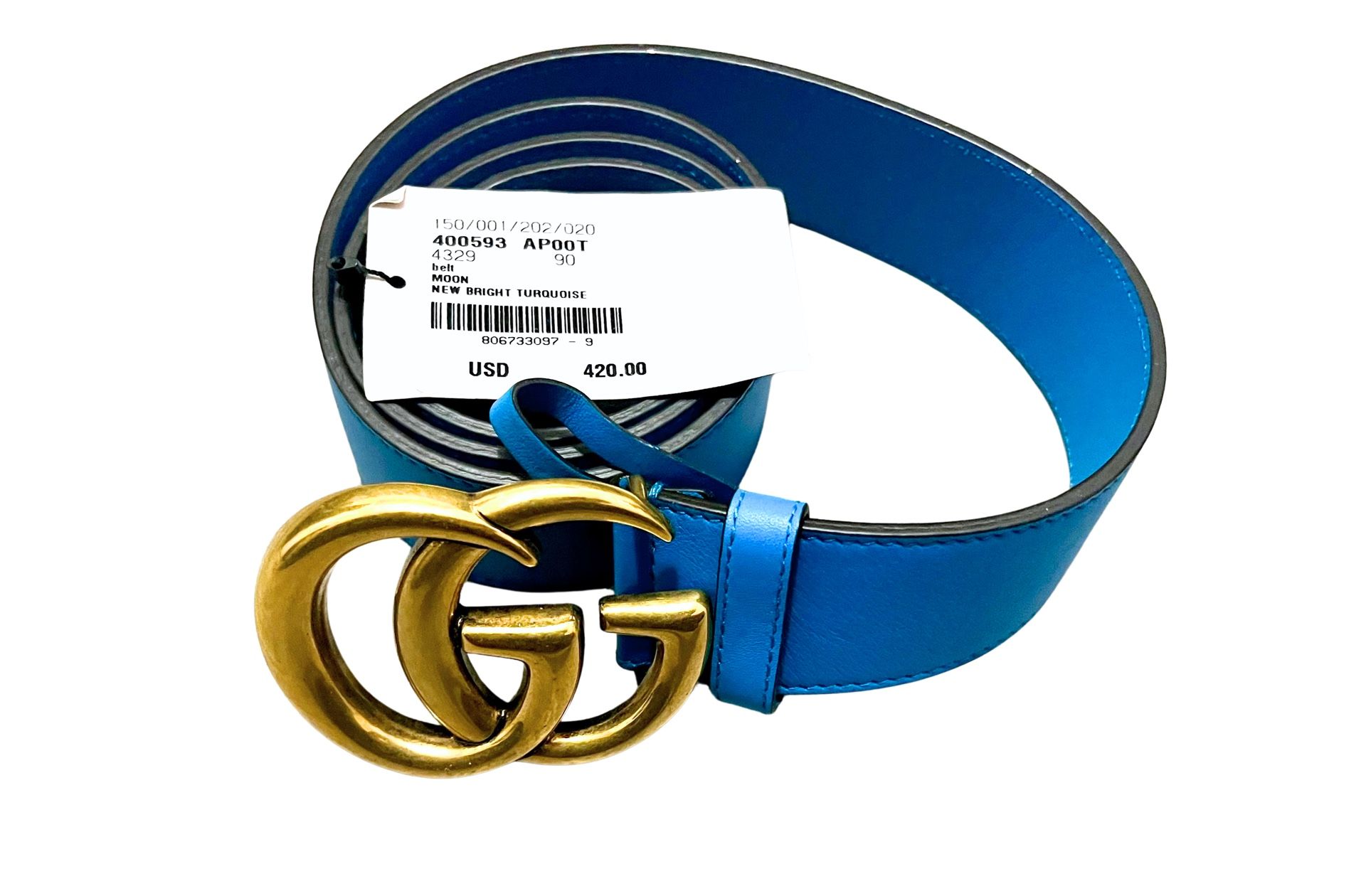 Gucci Double G Calfskin Belt – New Bright Turquoise (40 mm, Size 90) – Brand New $420 Retail