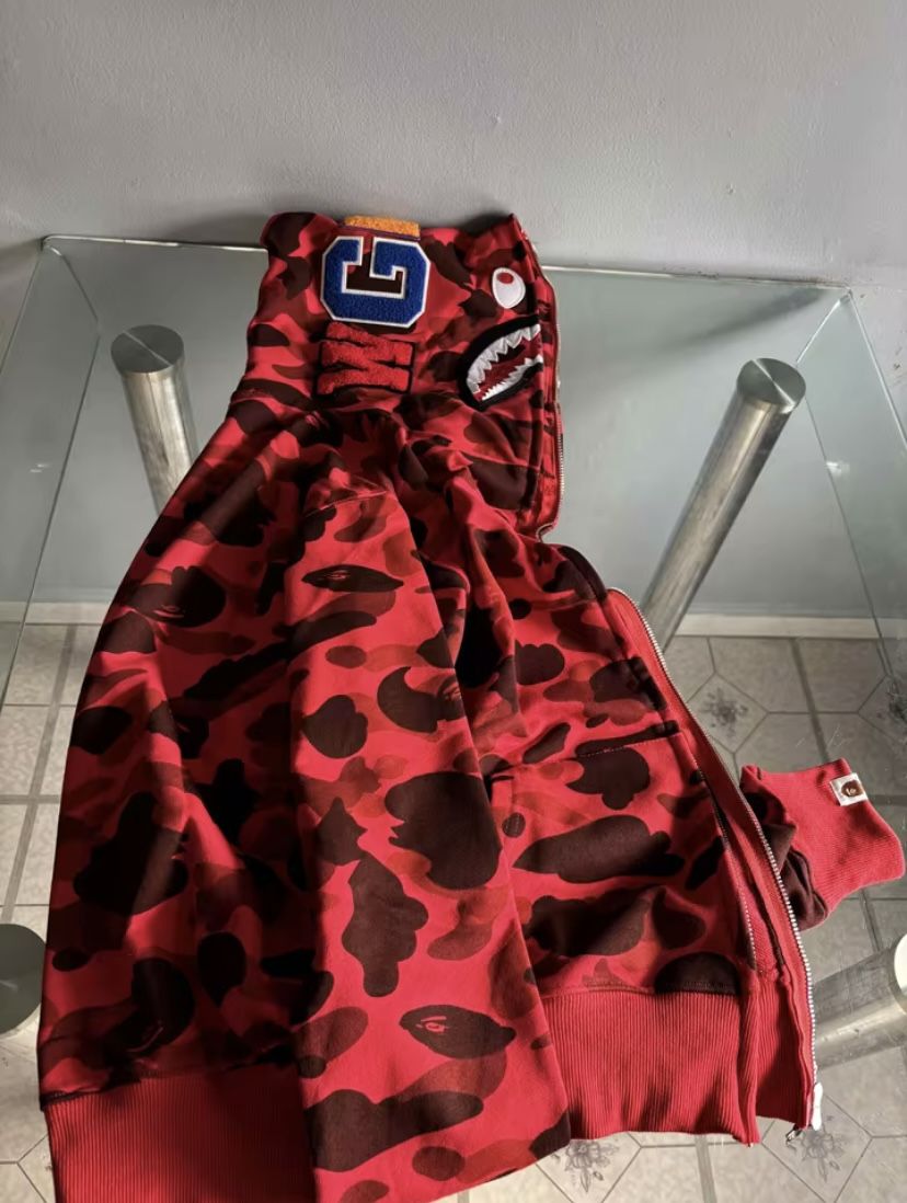 Red BAPE hoodie with tiger head and full zip Size Medium wore 2 times