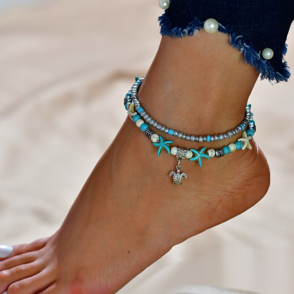 Blue Starfish Turtle Anklet Multilayer Charm Beads Sea Handmade Boho Anklet Foot bracelet