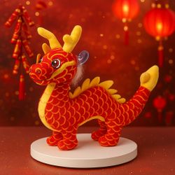 Chinese New Year 2024 Plush Dragon Red Gold Suction Cup Window Toy, 9”