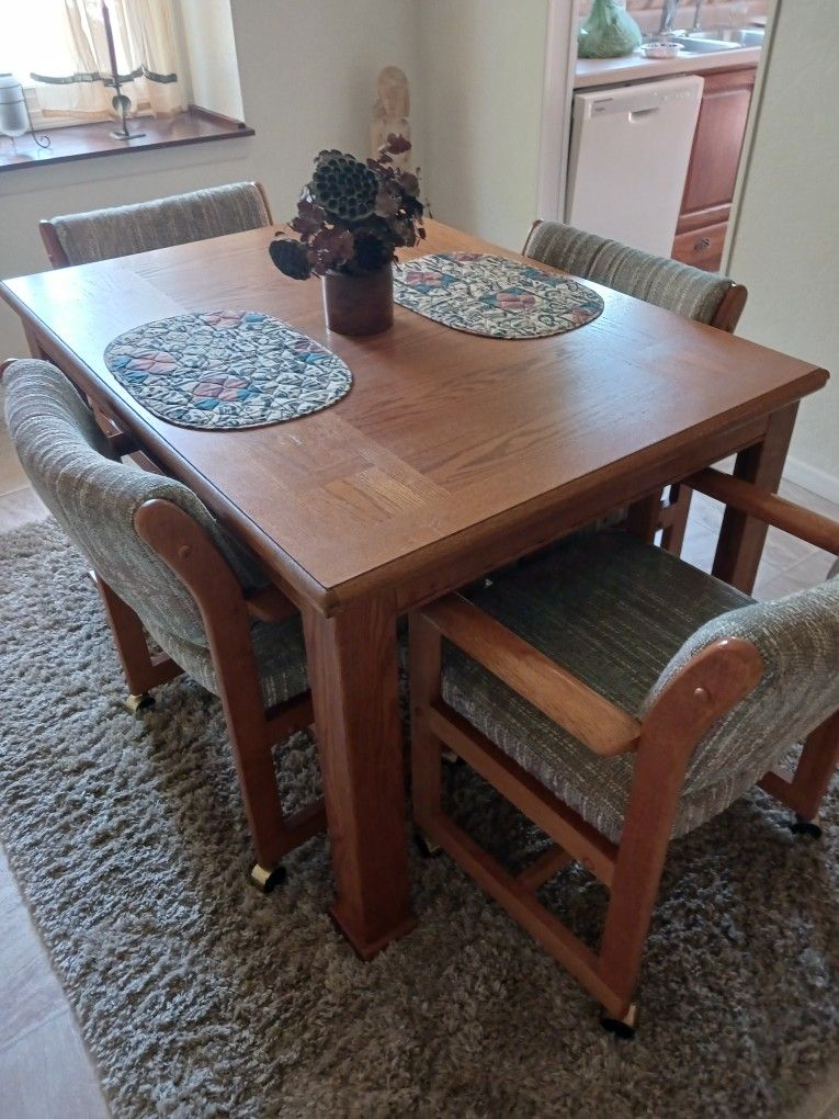 Solid Oak Wood Kitchen Dinning Table 4 Fabric Padded Chairs And Extension Leaf