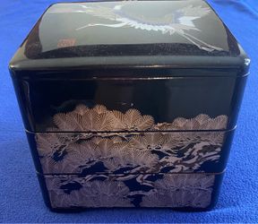 Japanese Black Lacquer Stacking Box Jubako with Crane Design