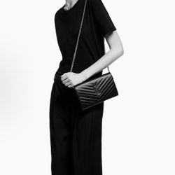 SAINT LAURENT YSL PARIS Gold Logo Chain Strap Quilted Grained Printed Leather Single Shoulder Crossbody Bag(95)23