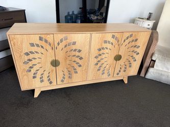 Hartwell 55" Vintage Wood Sideboard Storage Cabinet with Adjustable Shelf and Carved Doors, Natural