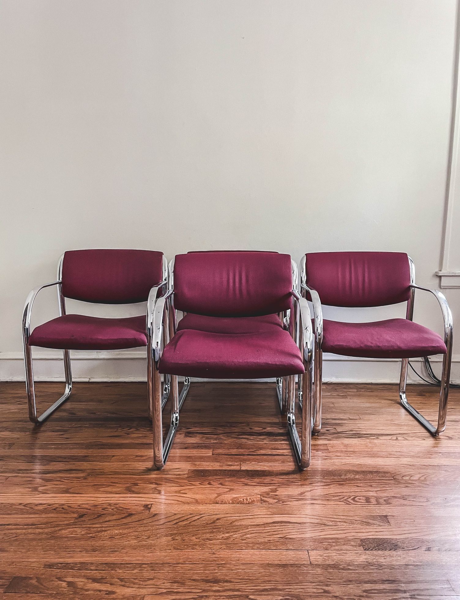 Steelcase ‘Snodgrass’ Chrome Frame Side Chairs Cantilever vintage maroon