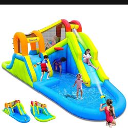Inflatable Water Slide with Air Blower, Kids Backyard Water Park, Inflatable Water Slide with 2 Slides, 2 Climbing Walls, Basketball Hoop, Water Canno