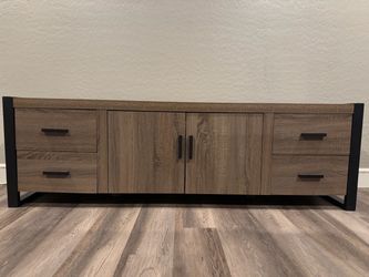Walker Edison Industrial Modern Wood Universal TV Stand with Cabinet Doors and Open Shelves for TV's up to 64" Flat Screen Living Room Storage Enterta