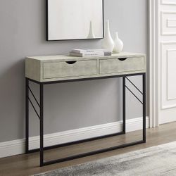 Walker Edison Contemporary 2-Drawer Faux Shagreen and Metal Side Entry Table Vanity, 42 Inch, Off White