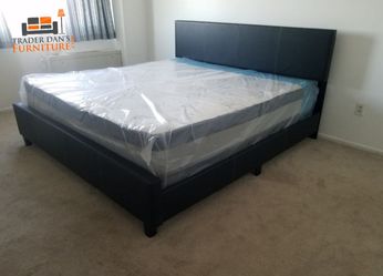 Brand New King Size Black Leather Platform Bed Frame +Pillowtop Mattress