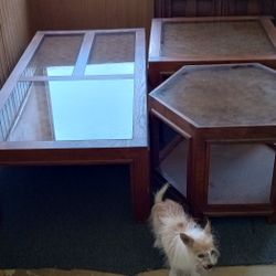 Unique Vintage Solid Oak Living Room Set Coffee & End Tables.