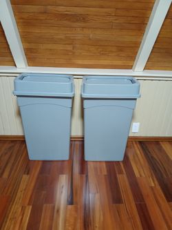 Set of 2 Commercial Slim Trash Cans with Swing Lids - Gray (23 Gal)