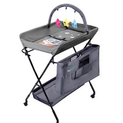 NEW! Portable Baby Changing Table - Waterproof Diaper Changing Table with Wheels, Adjustable Height Folding Diaper Station with Safety Belt, Large Sto