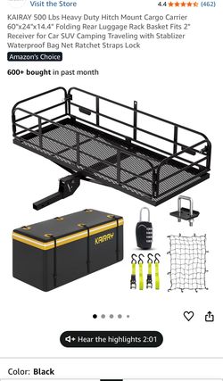 500 Lbs Heavy Duty Hitch Mount Cargo Carrier 60"x24"x14.4" Folding Rear Luggage Rack Basket Fits 2" Receiver for Car SUV Camping Traveling with Stabli
