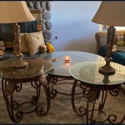 Three Round Coffee Tables And Two Lamps