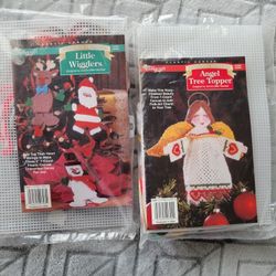 Two Vintage Plastic Canvas Christmas Needlecraft Shop Kits - Angel Tree Topper & Little Wigglers 
