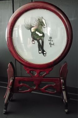 Vintage Chinese Silk Table Screen Featuring  Double Sided Horse Embroidery 9.5"T