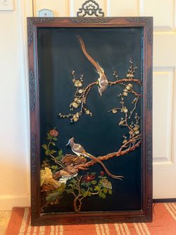 vintage Asian Black Lacquer Wall Picture