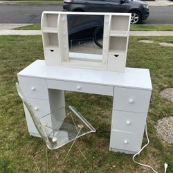 White Desk & Vanity Set + Gold & Clear Chair