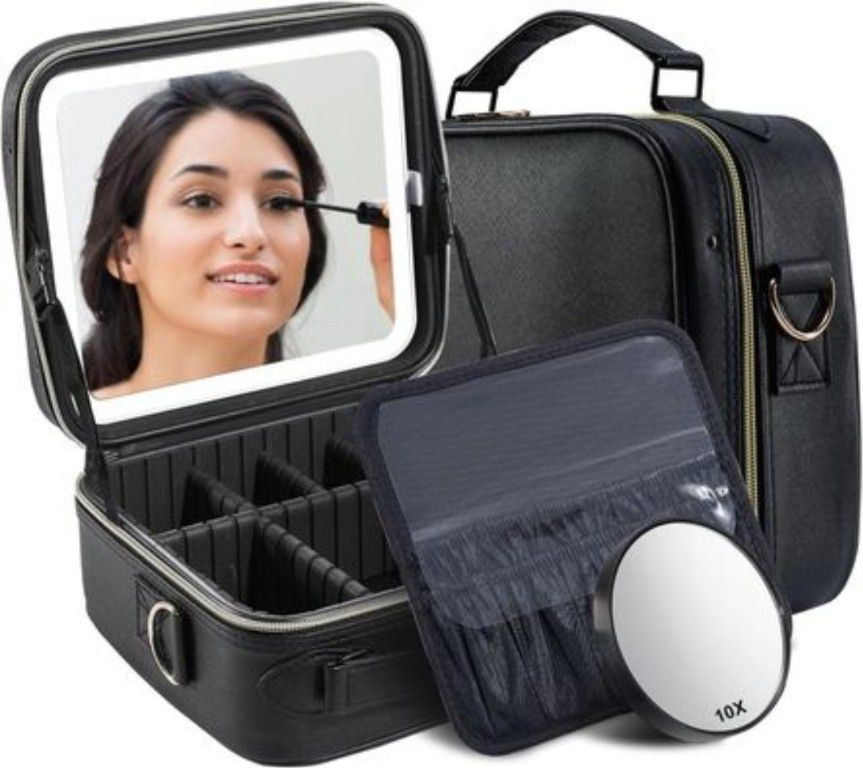 Travel Makeup Bag w 3 Color LED 10X Mirror, Makeup Organizer NEW