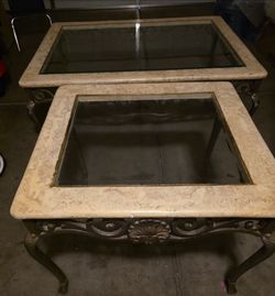 Travertine stone and glass coffee table and end set