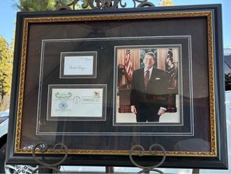 Framed  RONALD REAGAN Signed White House Card, 1st Day Cover & Photo. COA