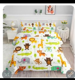 Datura Home Kawaii Animals Comforter Bedding Set For Kids Children,Cute Graffiti Woodland Bear Tiger Forest Wildlife Print Bedding Set With 1 Comforte
