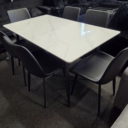 Brand New Dining Seat Real Marble Top $499 6 Chairs BLACK Faaux LEATHER