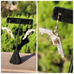 Vtg Rhinestone Pistol Revolver Earrings