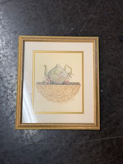 Sandy Lynam Clough Floral Teapot Art Print in Gold Frame