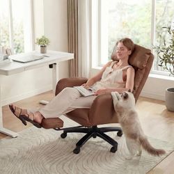 Brown Leather Reclining Office Chair with Wheels