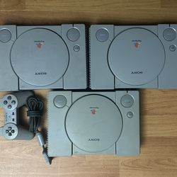 3 PS1 Consoles With One Remote( FOR REPAIR OR PARTS)
