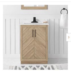 Huckleberry 24 in. Single Sink Weathered Tan Bath Vanity with White Engineered Marble Top (Assembled)