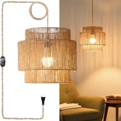 11.8" Boho Jute Plug in Pendant Light, Handwoven Natural Hanging Lamp Plug in with Dimmable Light Switch, Wicker Hanging Light Fixture for Bedroom Liv