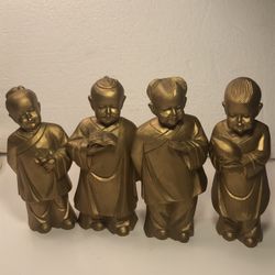 Four Chinese Monks Carved Wood  Mini Statues