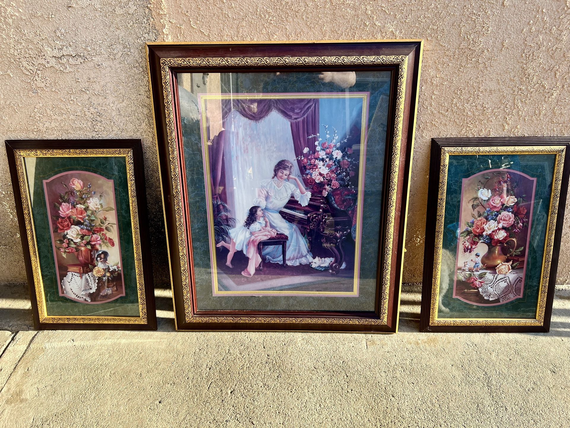 Home Decor Art Print Set, Di Giacomo Signed Framed Paintings, Floral Painting, Mom & Daughter Painting
