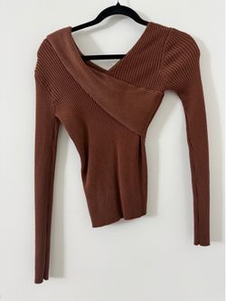 Brown Ribbed Crossover Long Sleeve Top Size S