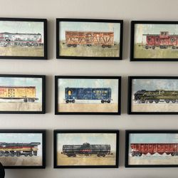 Restoration Hardware Baby & Child Art 9 Framed Vintage Trains 