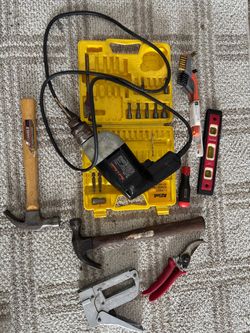 TOOLS Misc. Drill, 2 Hammers, 2 New Wire Brushes, Level, Bits/Sockets, Staple Gun, Hedge Snips, Screwdriver