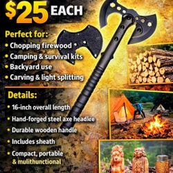 🪓 MULTI-PURPOSE CAMPING / SURVIVAL AXE — $25 EACH 🪓

Heavy-duty 16-inch hand-forged axe available now — compact, rugged, and built to work.


