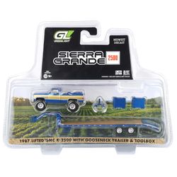 Greenlight 1:64 1987 GMC Sierra & Gooseneck Trailer Blue w/ Gold 1/64 Dealer Exclusive