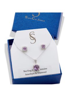 Genuine Diamond And Amethyst Necklace And Earring Set- NIB