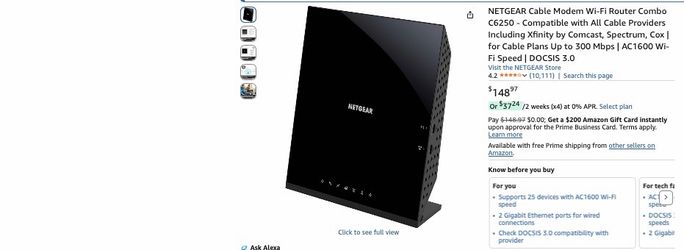 NETGEAR Cable Modem Wi-Fi Router Combo C6250