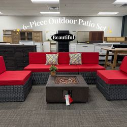 6-Piece Outdoor Patio Sectional Set, Dark Gray PE Wicker Sofa with Red Cushions ➕ Fire Pit Table, Perfect for Backyard, Garden, or Poolside Gatherings
