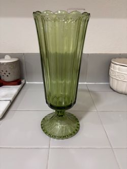Vintage Imperial Glass Green Depression Pedestal Vase, 12" Vertical Ribs