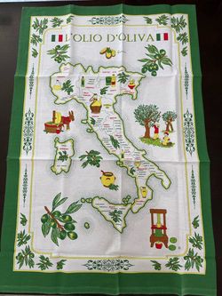 Italian olive oil souvenir map tea towel ("L'Olio d'Oliva")
