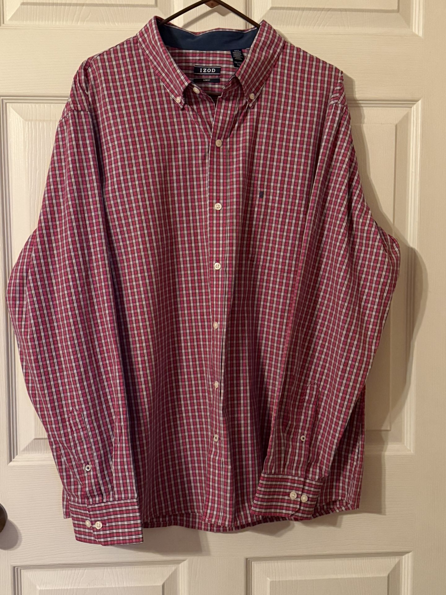 Izod Men’s Slim Fit Long Sleeve Red Blue White Plaid Button Down Shirt Size XXL