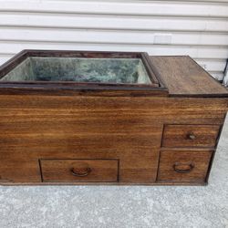 1900s Antique Japanese Wooden Hibachi w/ Copper Inlay w/Rosewood Edgings on Top