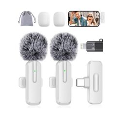 new Wireless Mini Microphone for iPhone - 2 Pack Lavalier bluetooth Microphone for Video Recording, 2 In 1 Noise Reduction Lapel Mic for Ipad, Android