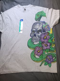 One of a kind hand drawn acrylic skull and snake t-shirt