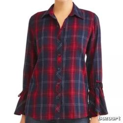 Time and tru Plaid Bell Sleeve Button Front Top SZ XL